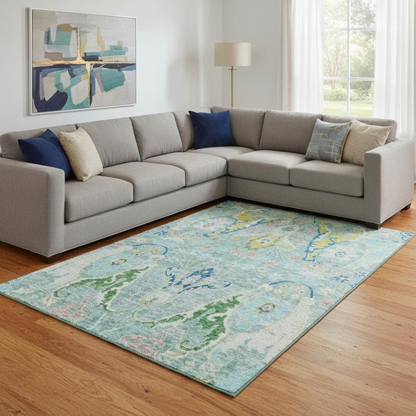 HomeRoots 9' X 12' Teal Gold and Blue Floral Area Rug - Washable, UV-Protected, Durable for Stylish Living Spaces 708510