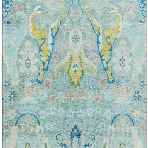 HomeRoots 9' X 12' Teal Gold and Blue Floral Area Rug - Washable, UV-Protected, Durable for Stylish Living Spaces 708510