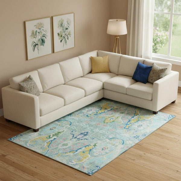 HomeRoots 10' Teal, Gold & Blue Floral Area Rug - Washable, Stain-Resistant with UV Protection for Homes 708511