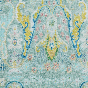 HomeRoots 10' Teal, Gold & Blue Floral Area Rug - Washable, Stain-Resistant with UV Protection for Homes 708511