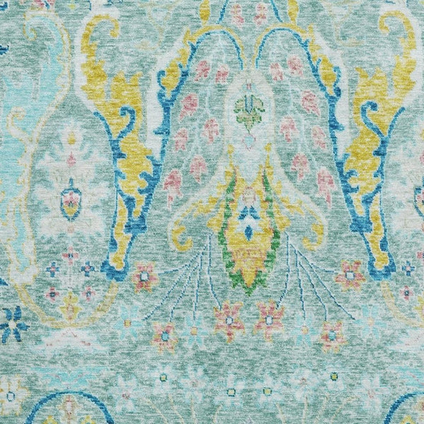 HomeRoots 10' Teal, Gold & Blue Floral Area Rug - Washable, Stain-Resistant with UV Protection for Homes 708511