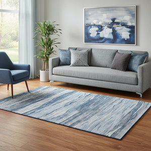 HomeRoots 8' Stylish Blue-Gray and Silver Abstract Washable Round Rug with UV Protection for Modern Homes 708520