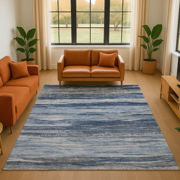HomeRoots 9' X 12' Blue Gray & Silver Abstract Area Rug - Washable, UV Protected, Stain Resistant, Non-Slip! 708522