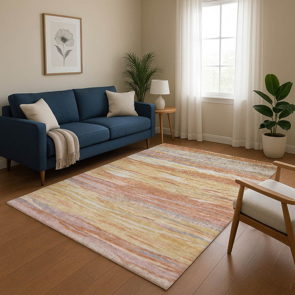 HomeRoots 8' Salmon Gold and Gray Abstract Round Rug - Washable, UV Protected, Stain Resistant for Busy Homes 708532