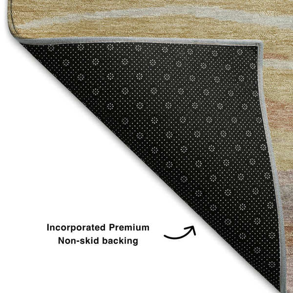 HomeRoots 8' Salmon Gold and Gray Abstract Round Rug - Washable, UV Protected, Stain Resistant for Busy Homes 708532