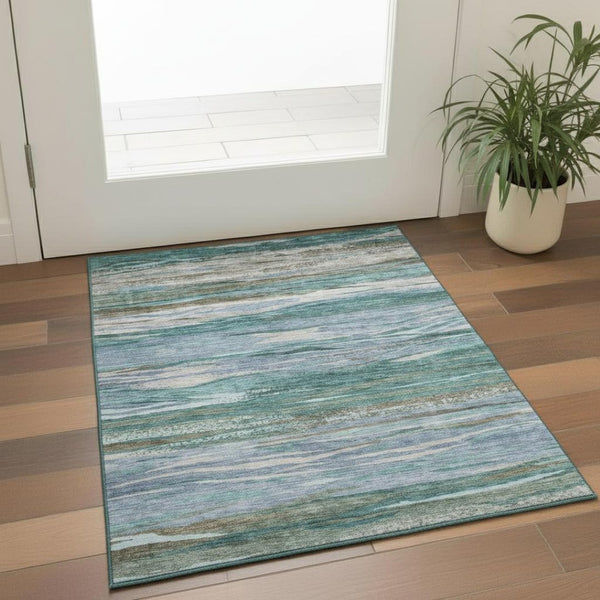 HomeRoots 5' X 8' Teal Khaki Green Abstract Area Rug - Washable, UV Protected, Stain Resistant & Non-Slip Backing 708537