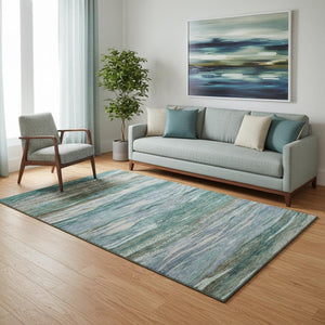 HomeRoots 8' Teal Khaki Green Abstract Washable Round Rug - Durable, UV Protected, Perfect for Modern Spaces! 708538