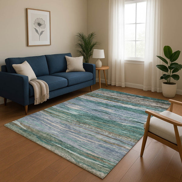 HomeRoots 8' Teal Khaki Green Abstract Washable Round Rug - Durable, UV Protected, Perfect for Modern Spaces! 708538