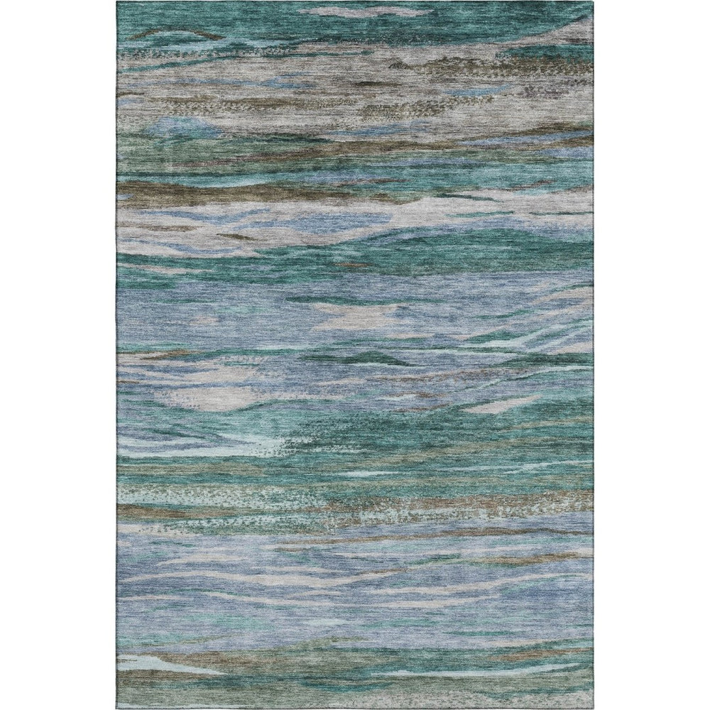 HomeRoots 8' Teal Khaki Green Abstract Washable Round Rug - Durable, UV Protected, Perfect for Modern Spaces! 708538