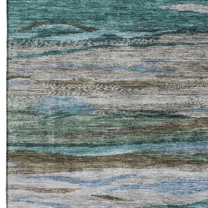 HomeRoots 8' Teal Khaki Green Abstract Washable Round Rug - Durable, UV Protected, Perfect for Modern Spaces! 708538
