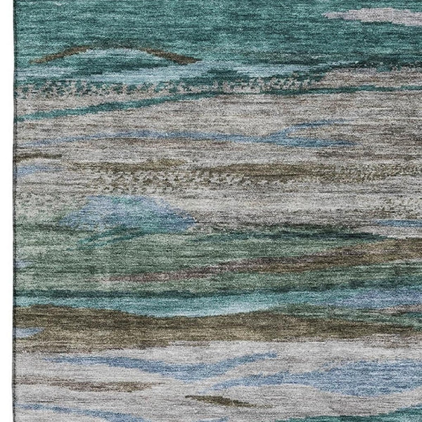 HomeRoots 8' Teal Khaki Green Abstract Washable Round Rug - Durable, UV Protected, Perfect for Modern Spaces! 708538