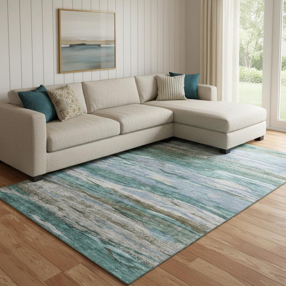 HomeRoots 9' X 12' Modern Abstract Teal Khaki Green Area Rug - Washable, UV Protected, Stain-Resistant Design 708540