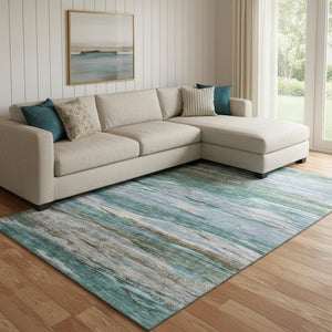 HomeRoots 9' X 12' Modern Abstract Teal Khaki Green Area Rug - Washable, UV Protected, Stain-Resistant Design 708540