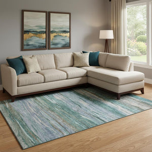 HomeRoots 10' Modern Teal Khaki Green Abstract Area Rug - Washable, UV Protected, Pet-Friendly & Durable Design 708541