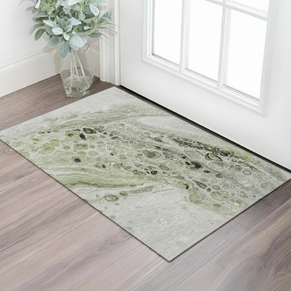 HomeRoots 5' X 8' Artichoke Green Gray Silver Abstract Washable Area Rug – Durable, Stain-Resistant, UV Protected 708543