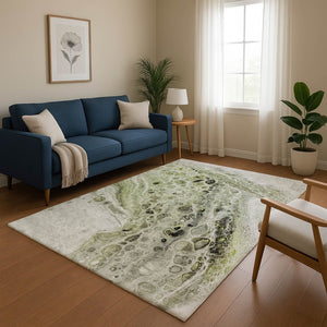 HomeRoots 5' X 8' Artichoke Green Gray Silver Abstract Washable Area Rug – Durable, Stain-Resistant, UV Protected 708543