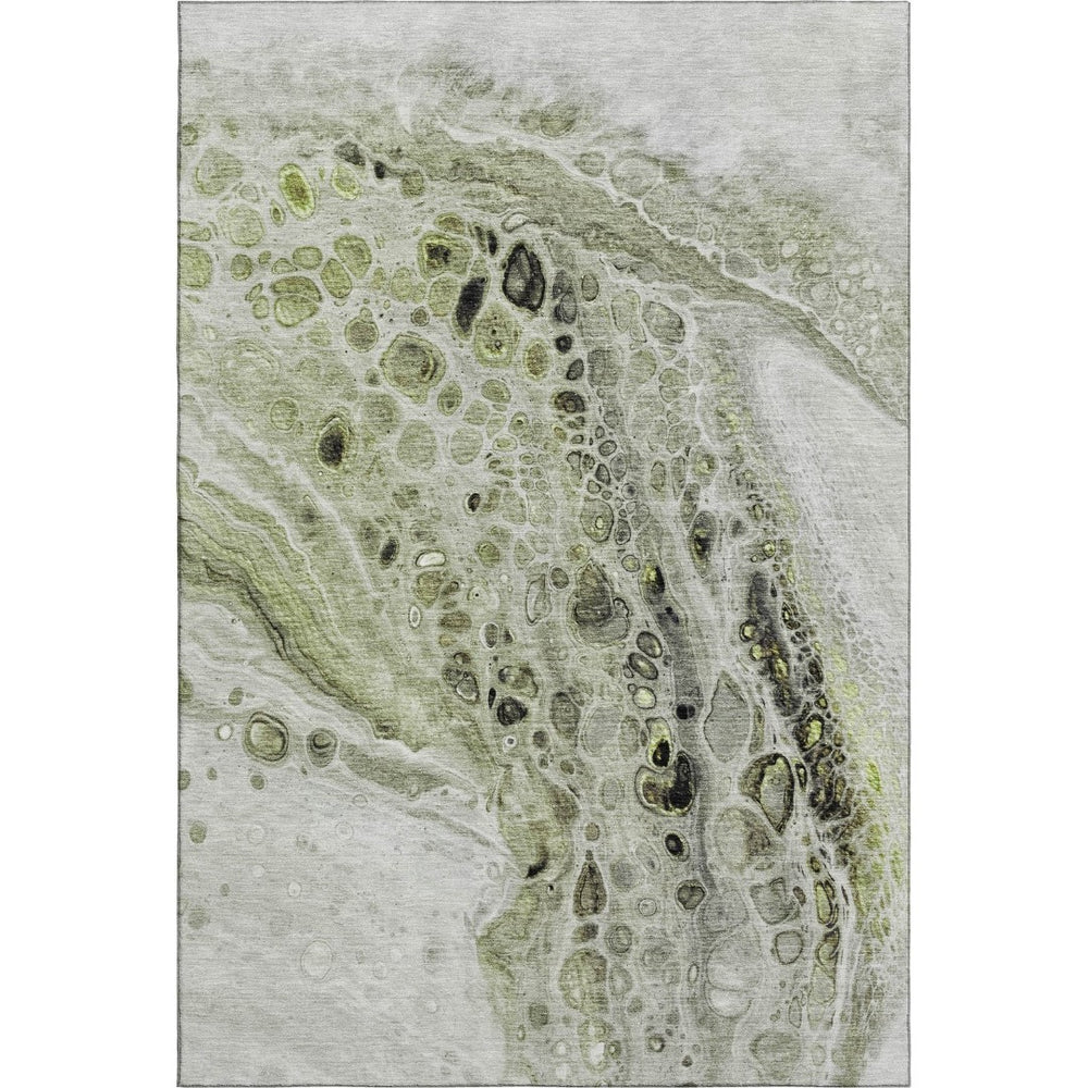 HomeRoots 5' X 8' Artichoke Green Gray Silver Abstract Washable Area Rug – Durable, Stain-Resistant, UV Protected 708543