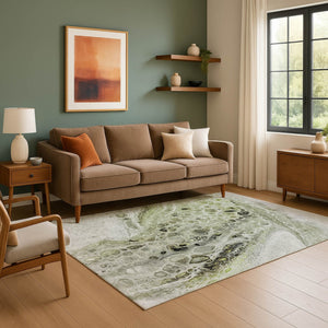 HomeRoots 5' X 8' Artichoke Green Gray Silver Abstract Washable Area Rug – Durable, Stain-Resistant, UV Protected 708543