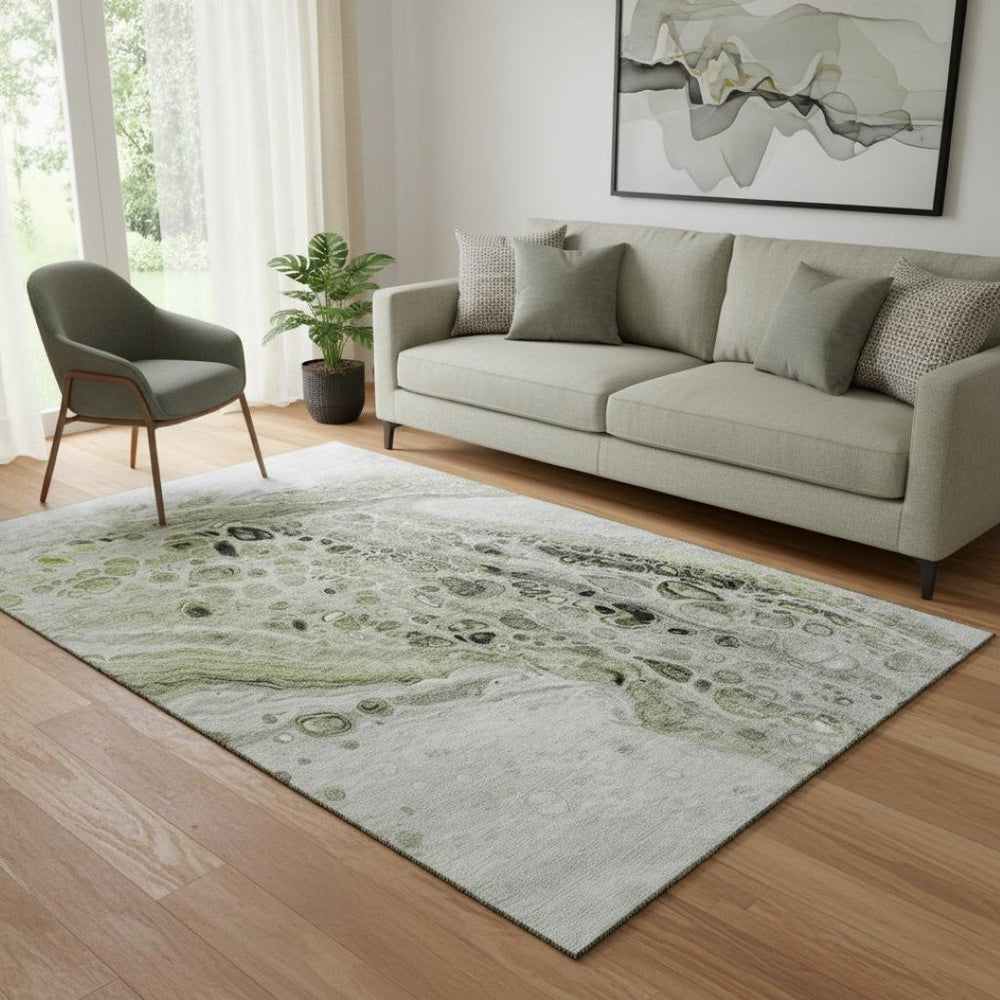 HomeRoots 8' Modern Abstract Artichoke Green, Gray & Silver Washable Round Rug with UV Protection & Stain Resistance 708544