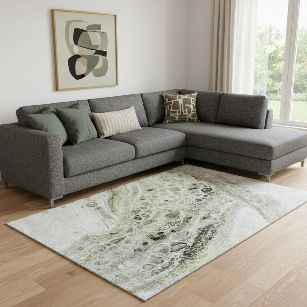 HomeRoots 9' Artichoke Green Gray Silver Abstract Washable Area Rug - Durable, UV Protected, Modern Design! 708546