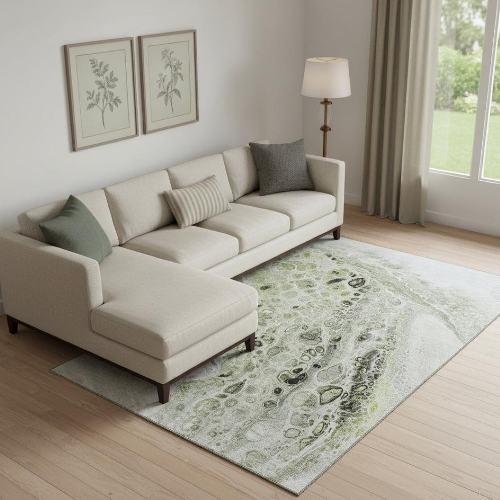 HomeRoots 10' Artichoke Green Gray Silver Abstract Washable Area Rug – UV Protected, Durable & Easy-Care Design 708547