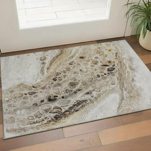 HomeRoots 5' X 8' Washable Beige and Ivory Abstract Area Rug with UV Protection for Easy Care and Style 708549