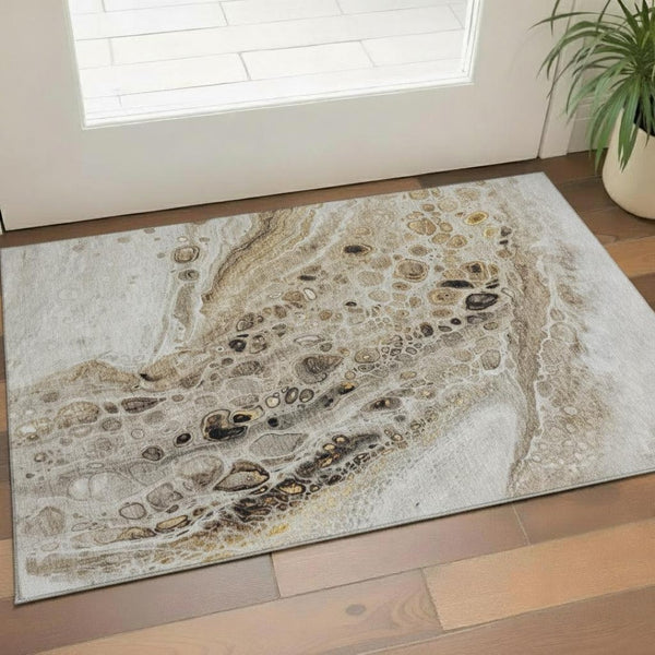 HomeRoots 5' X 8' Washable Beige and Ivory Abstract Area Rug with UV Protection for Easy Care and Style 708549