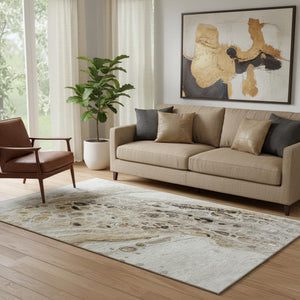 HomeRoots 8' Washable Round Rug in Beige, Ivory, and Taupe - UV Protected, Stain Resistant, Durable Design 708550