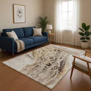 HomeRoots 8' Washable Round Rug in Beige, Ivory, and Taupe - UV Protected, Stain Resistant, Durable Design 708550
