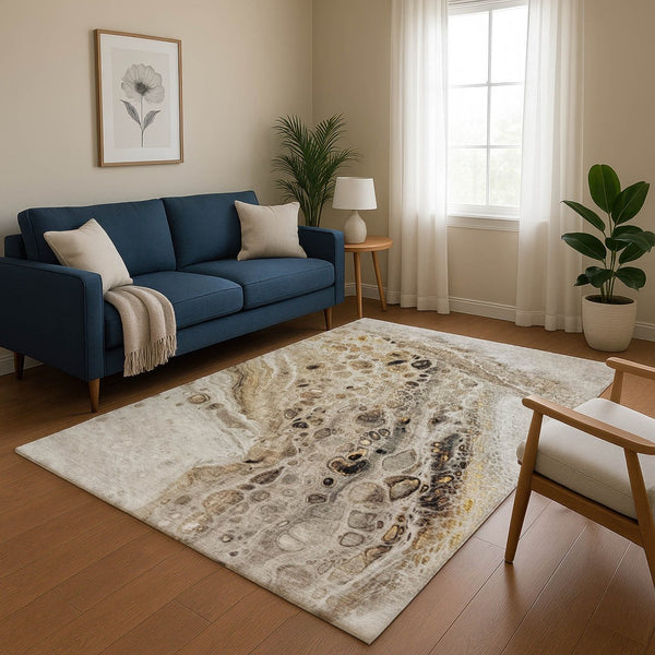 HomeRoots 8' Washable Round Rug in Beige, Ivory, and Taupe - UV Protected, Stain Resistant, Durable Design 708550