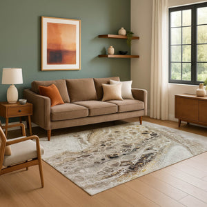 HomeRoots 9' X 12' Modern Abstract Washable Area Rug in Beige, Ivory & Taupe with UV Protection & Durability 708552