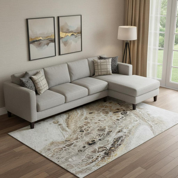 HomeRoots 10' X 14' Beige Ivory Taupe Abstract Area Rug - Washable, UV Protected, Non-Slip, Stain-Resistant Design 708553