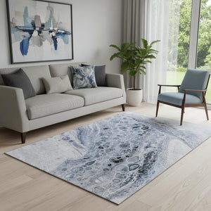 HomeRoots 8' Stylish Blue-Gray & Silver Abstract Round Rug – Washable, UV-Protected, Perfect for Modern Homes! 708556