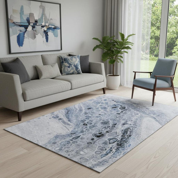 HomeRoots 8' Stylish Blue-Gray & Silver Abstract Round Rug – Washable, UV-Protected, Perfect for Modern Homes! 708556