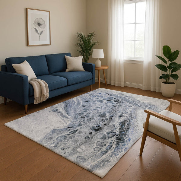 HomeRoots 8' Stylish Blue-Gray & Silver Abstract Round Rug – Washable, UV-Protected, Perfect for Modern Homes! 708556