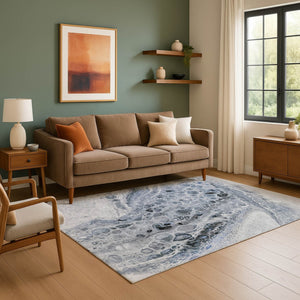 HomeRoots 8' Stylish Blue-Gray & Silver Abstract Round Rug – Washable, UV-Protected, Perfect for Modern Homes! 708556