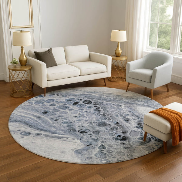HomeRoots 8' X 10' Blue Gray & Silver Abstract Area Rug - Washable, UV Protected, Ideal for Homes with Kids & Pets 708557