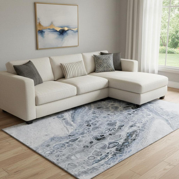 HomeRoots 9' Blue Gray and Silver Abstract Washable Area Rug - UV Protected, Durable, Easy-Care for Home Use 708558