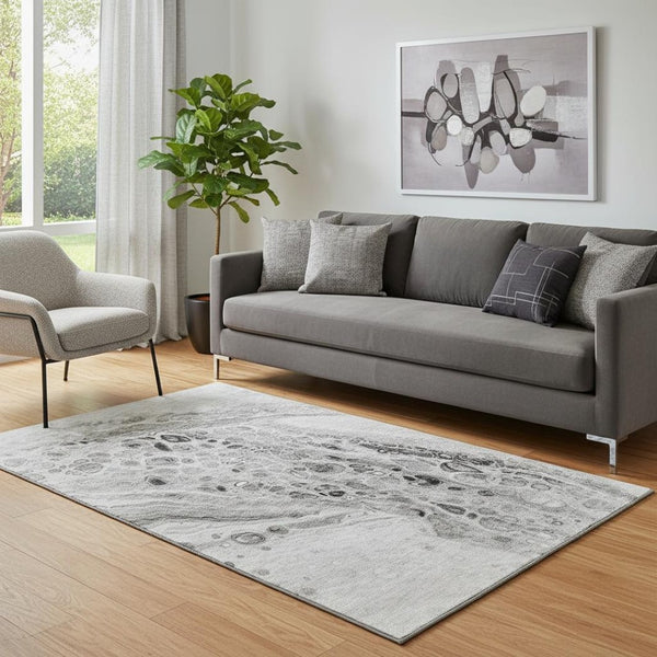 HomeRoots 8' Stylish Pewter Gray & Silver Abstract Round Rug - Washable, UV Protected, & Durable Design 708562