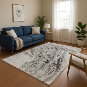 HomeRoots 8' Stylish Pewter Gray & Silver Abstract Round Rug - Washable, UV Protected, & Durable Design 708562