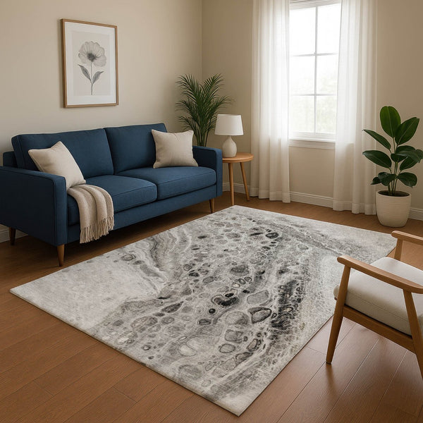 HomeRoots 8' Stylish Pewter Gray & Silver Abstract Round Rug - Washable, UV Protected, & Durable Design 708562