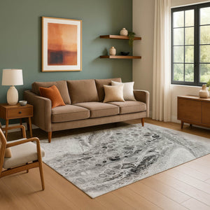 HomeRoots 8' Stylish Pewter Gray & Silver Abstract Round Rug - Washable, UV Protected, & Durable Design 708562