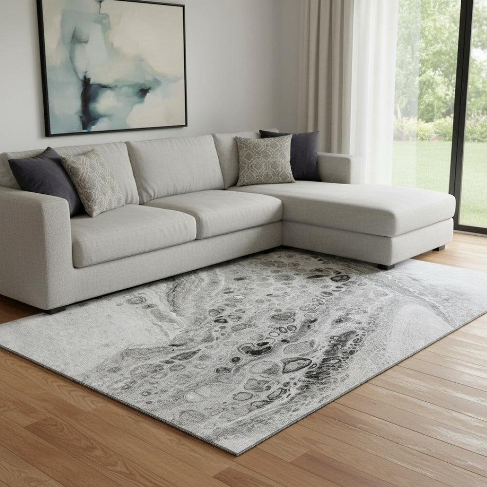 HomeRoots 9' X 12' Modern Pewter Gray & Silver Abstract Washable Area Rug with UV Protection for Busy Homes 708564