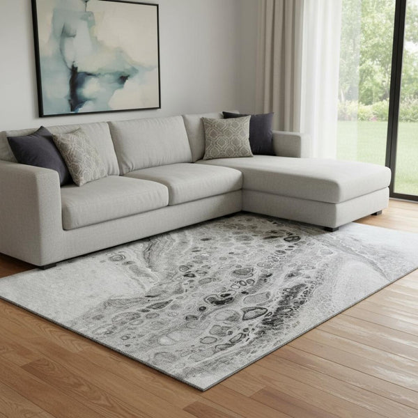 HomeRoots 9' X 12' Modern Pewter Gray & Silver Abstract Washable Area Rug with UV Protection for Busy Homes 708564