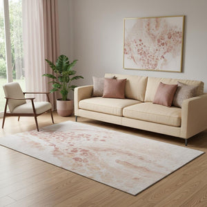 HomeRoots 8' Salmon and Ivory Abstract Washable Round Rug - Durable, Stain Resistant, UV Protected, Easy Care 708568