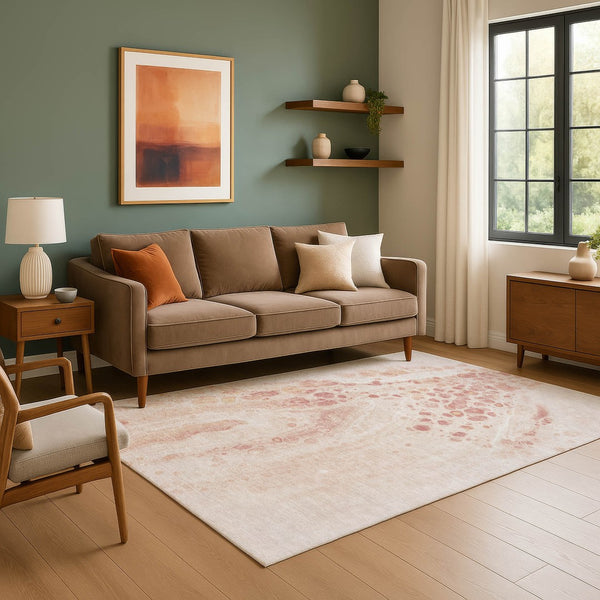 HomeRoots 9' X 12' Salmon and Ivory Modern Abstract Washable Area Rug with UV Protection & Stain Resistance 708570