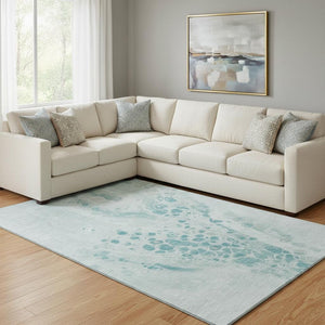 HomeRoots 9' X 12' Teal And Ivory Abstract Area Rug - Washable, UV-Protected, Durable for High-Traffic Spaces 708576