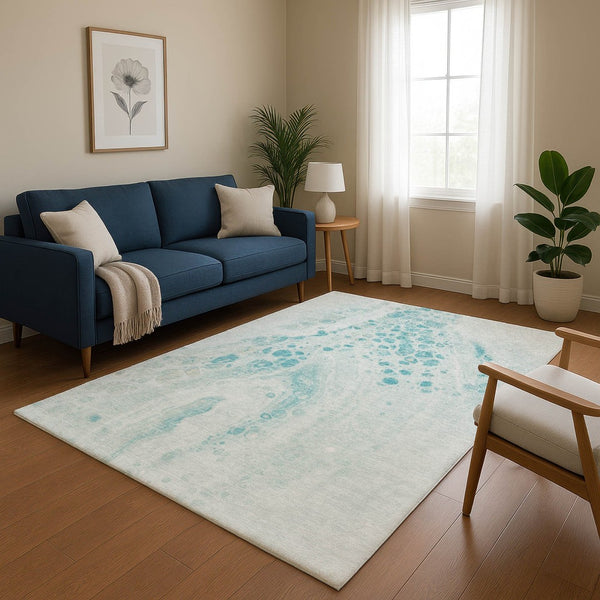 HomeRoots 10' Teal and Ivory Abstract Area Rug – Washable, UV-Protected, Durable for High-Traffic Spaces! 708577