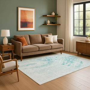 HomeRoots 10' Teal and Ivory Abstract Area Rug – Washable, UV-Protected, Durable for High-Traffic Spaces! 708577