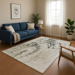 HomeRoots 5' X 8' Stylish Taupe Gray & Silver Abstract Area Rug - Washable, UV-Protected, Durable Design! 708579